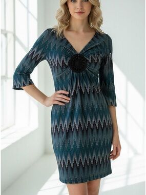 Mittoshop Teal Chevron V-Neck Mini Dress with Black Medallion